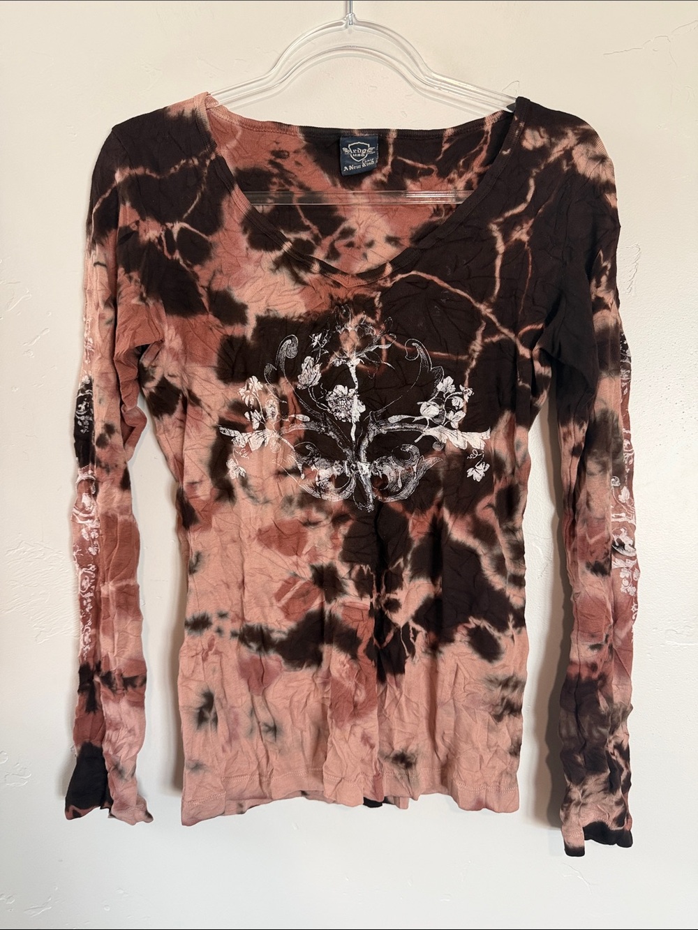 Tie-Dye Long Sleeve V-Neck Top in Brown and Pink Cotton Whimsy Goth Top